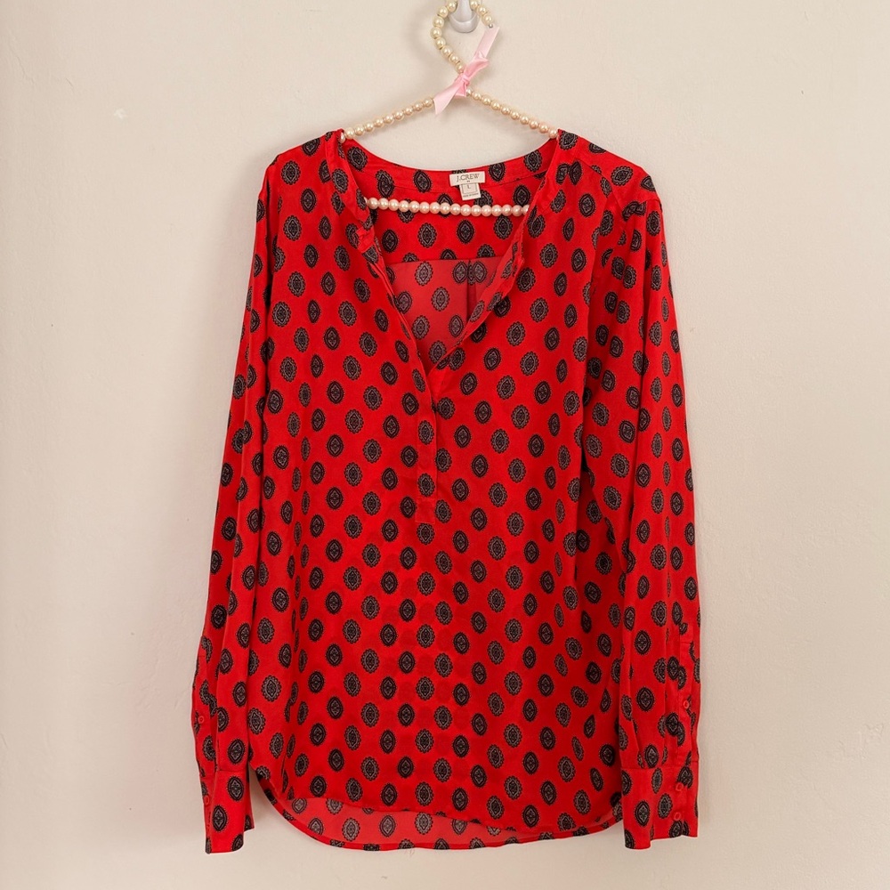 J. Crew Red Long-Sleeve Printed V-Neck Blouse satin business office wear large